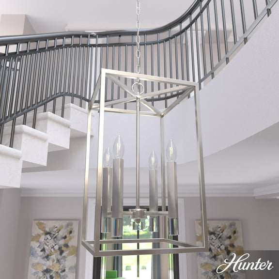 Hunter - Sunjai 4-light Brushed Nickel, Medium Size Pendant Light, Dimmable, Formal Style, Rectangle Shaped, for Bedrooms, Dining, Living Rooms - 19987