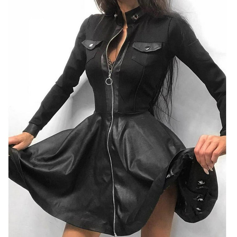 long sleeve fitted leather dress black long sleeve leather dress Faux Leather Shirt Dress Black / XS