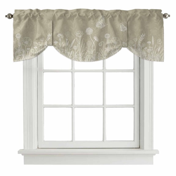 Green Brown Wildflowers Tie Up Valance Curtains for Windows, Kitchen Curtains Window Treatments, Modern Floral Butterfly Plant Short Window Shades Valances for Bedroom Bathroom Cafe 42"x18"