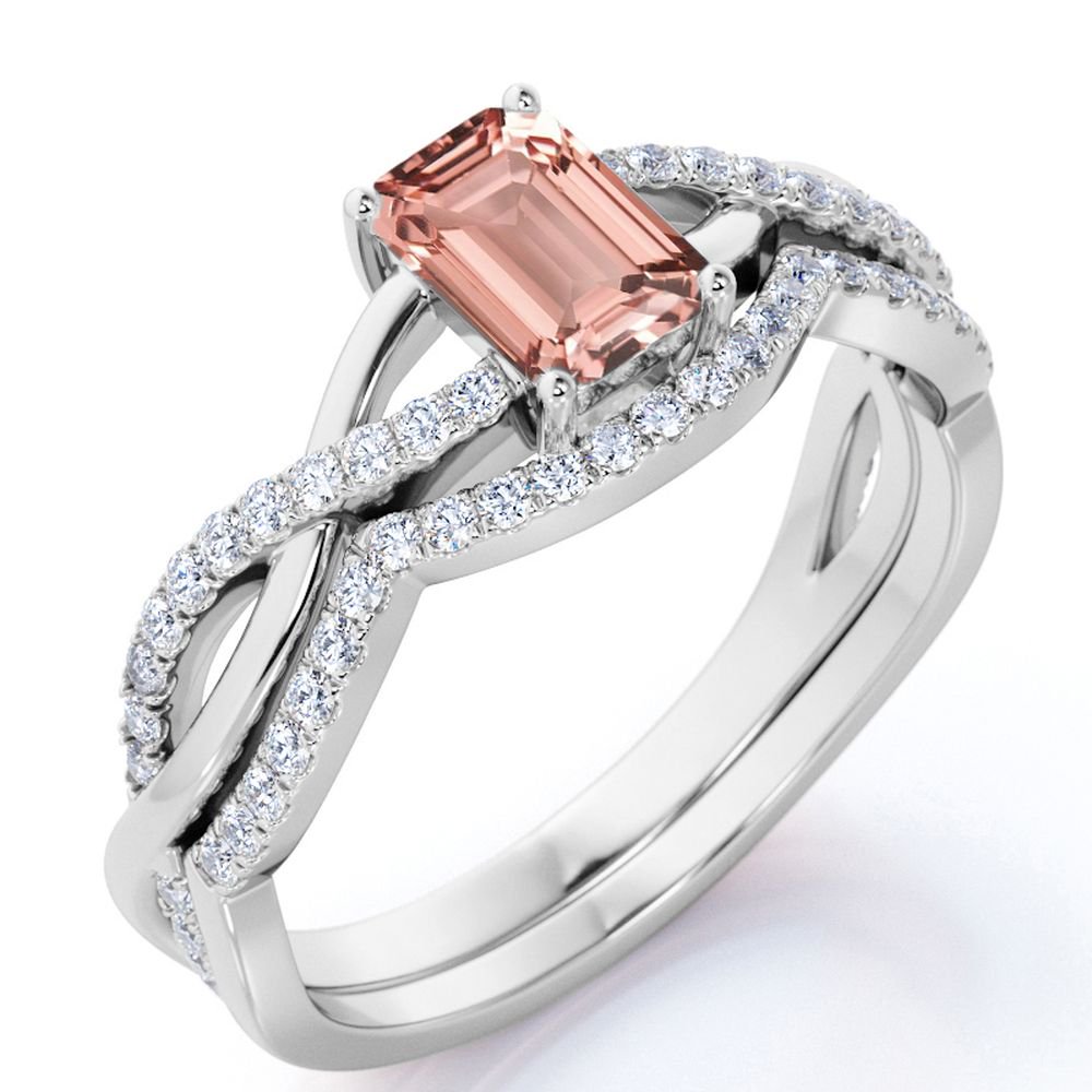 JeenMata Art Deco 2 Carat Emerald cut created morganite and Moissanite Bridal Wedding Ring Set with Engagement Ring and Wedding Band in 18k Gold Over Silver