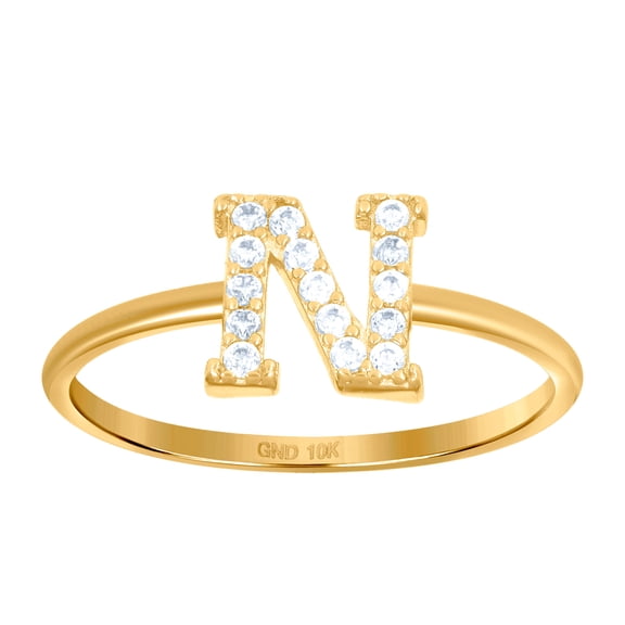 10k Yellow Gold Womens Cubic Zirconia Letter Name Personalized Monogram Initial Alphabet N Ring 1.2mm Wide Ring for Wome