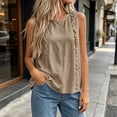 thumbnail image 2 of Women's Ruffle Detail Sleeveless Tank Tops Summer Petite Plain Crew Neck Tee Casual Travel Tops Khaki, 2 of 6