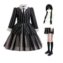 KAWELL Black Costume for Girls, Academy Uniform Outfits Cosplay with Black Wig, Pleated Skirt Girl's Stripes Suits Sets for Halloween