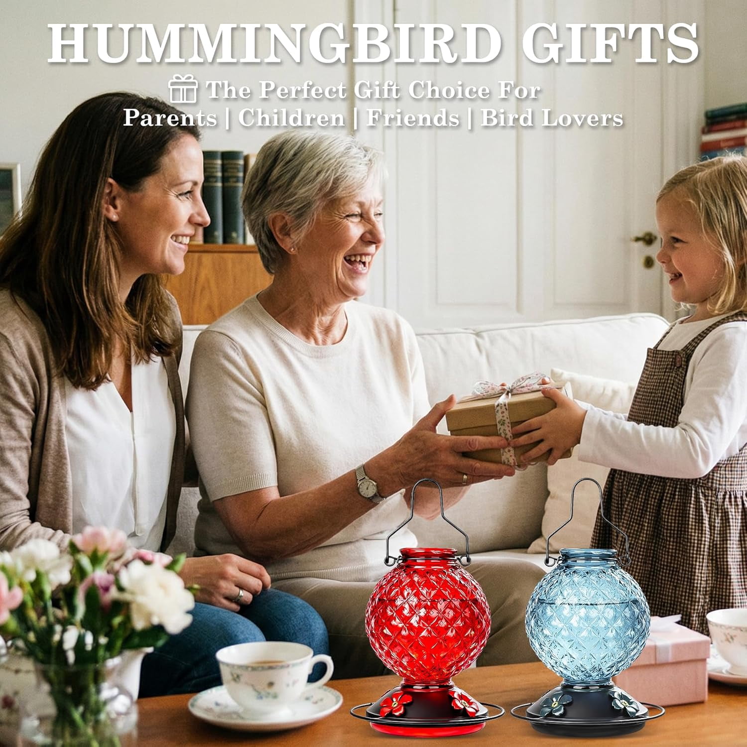 Glass Hummingbird Feeder for Outdoors Hanging, 25 OZ Humming Bird Nectar Feeder with 4 Bee Guard Feeding Ports & Built-in Ant Moat, Bird Feeder for Outside, Gifts for Women Mom, Blue