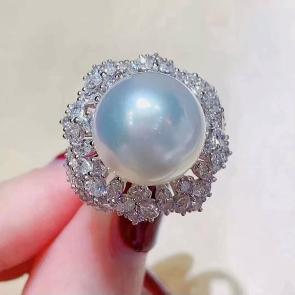 K-KED New Huge AAA 13-12mm Genuine Natural South Sea White Stud Pearl Ring 925s