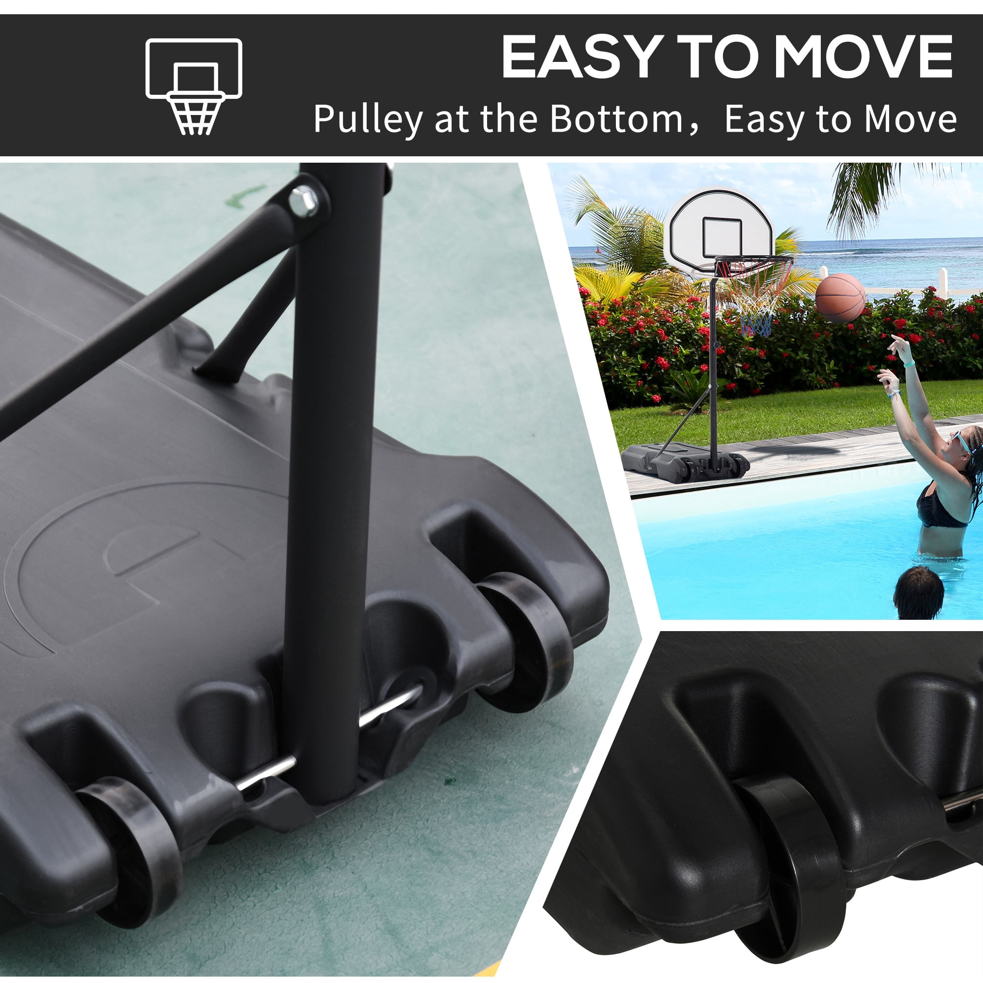 Aosom Poolside Basketball Hoop Stand Portable Basketball System Goal,  Adjustable Height 3'-4', 30" Backboard