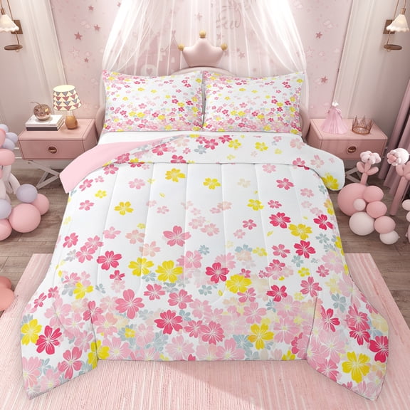Feelyou Dreamyink Cherry Blossoms Bedding Comforter Set, Pink Flower Floral Twin Comforter Sets, Teens Kids Girls Women Reversible Bedding Set, Luxury Bedroom Decor, 2pcs