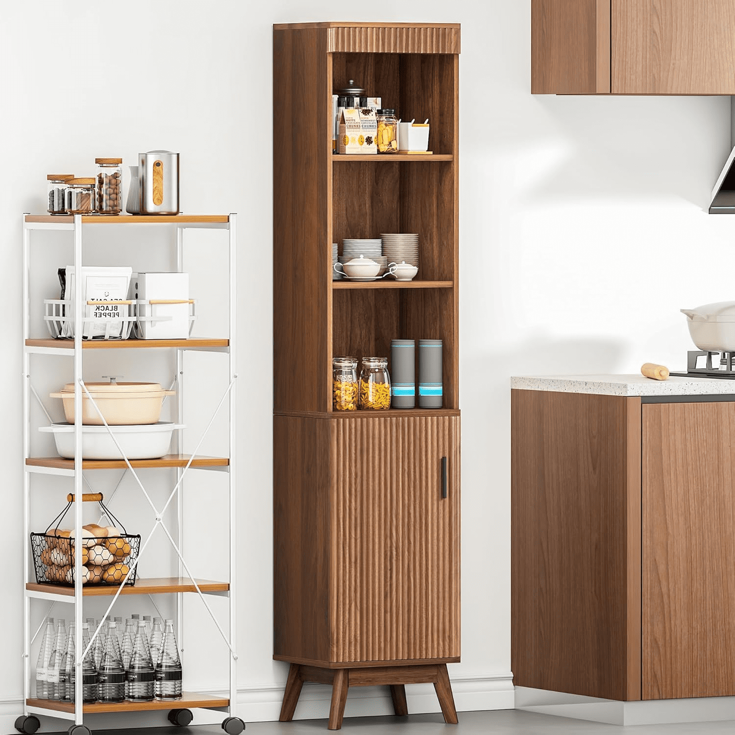 LEFHDA 68" Bathroom Storage Cabinet with Doors, Narrow Tall Fluted Cabinet, Wooden Mid-century Modern Cabinet with Adjustable Shelf, Bathroom Kitchen Living Room