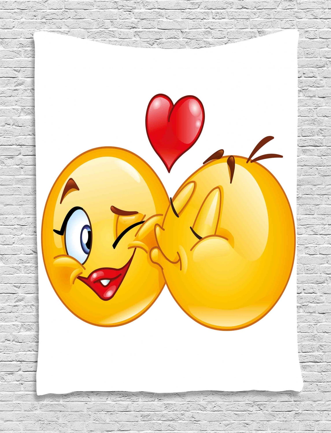 Emoji Tapestry, Romantic Flirty Loving Smiley Faces Couple Kissing Eachother Hearts Image Art