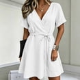thumbnail image 2 of Women's Summer Cotton Linen Wrap V-Neck Mini Dress Short Sleeve Waist Tie Flowy A-Line Casual Swing Dress for Beach Daily Wear White XL(XL), 2 of 7