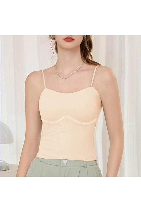 Women's Built-in Bra Tank Top, Spaghetti Strap V Neck Cami, Seamless Slim Fit Layering Shirt, Removable Padding Support, No Show Going Out Top