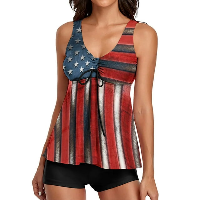 Gibobby Trajes de Natación para Mujer Día de la Independencia para las mujeres American 4th Of July Print Strappy Back Tankini Set Traje de baño de dos p(Vino,M)