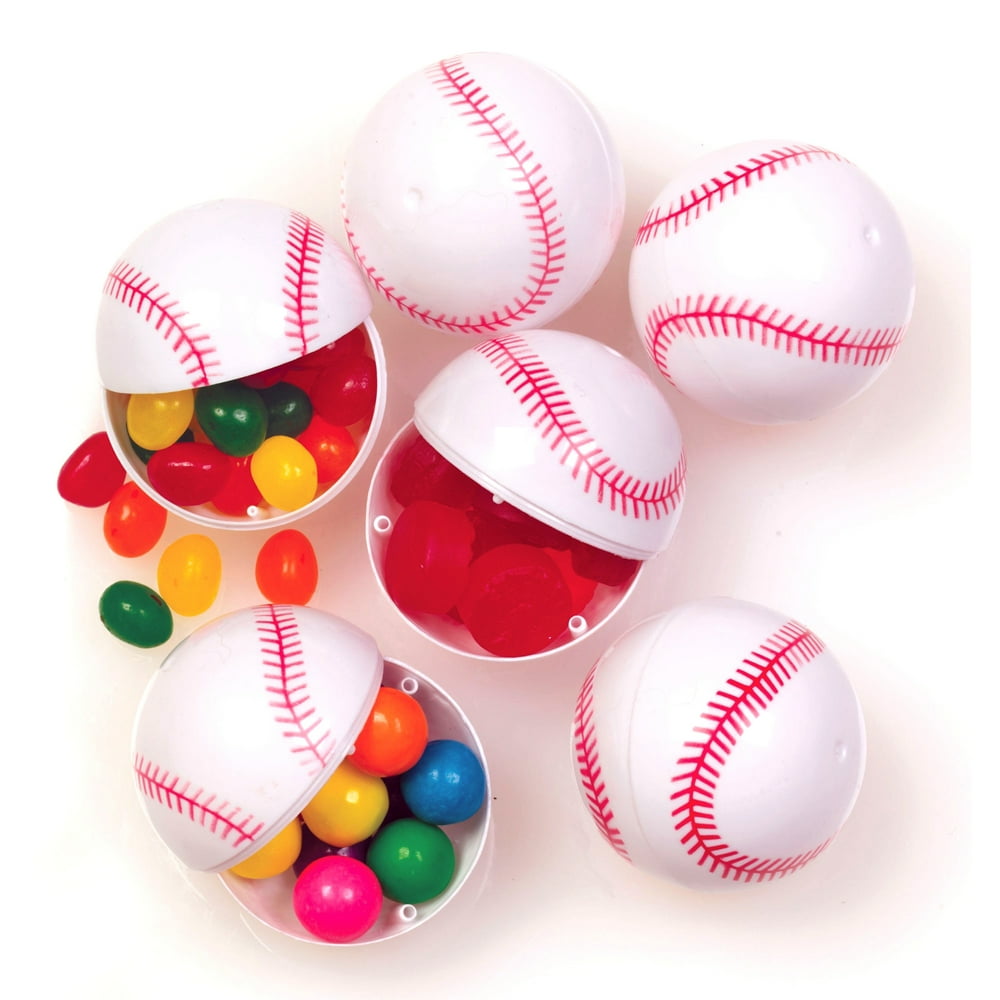 Baseball Sports Candy Containers 2.25" Plastic Easter Eggs, White Red