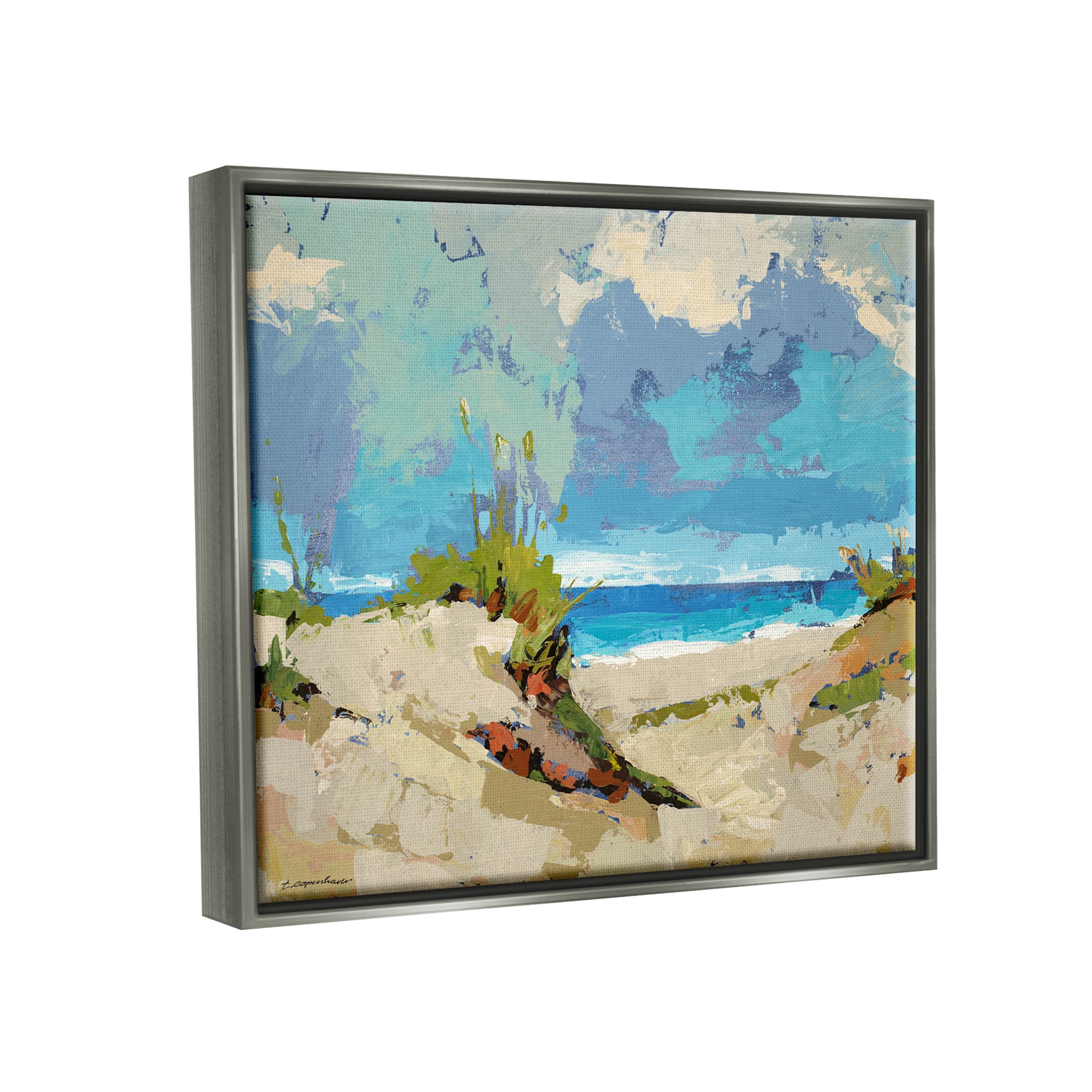 Modern Seaside Beach Scene Landscape Painting Luster Gray Framed Art Print Wall Art