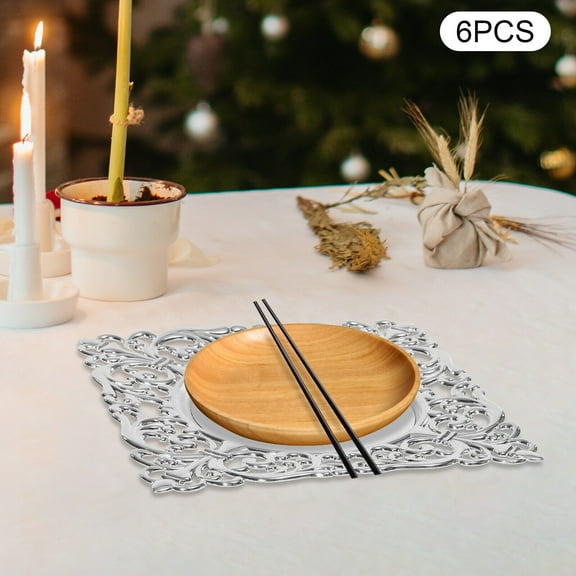 6*Silver Square Plastic Plate Chargers with Embossed Rims Charger Plates Acrylic