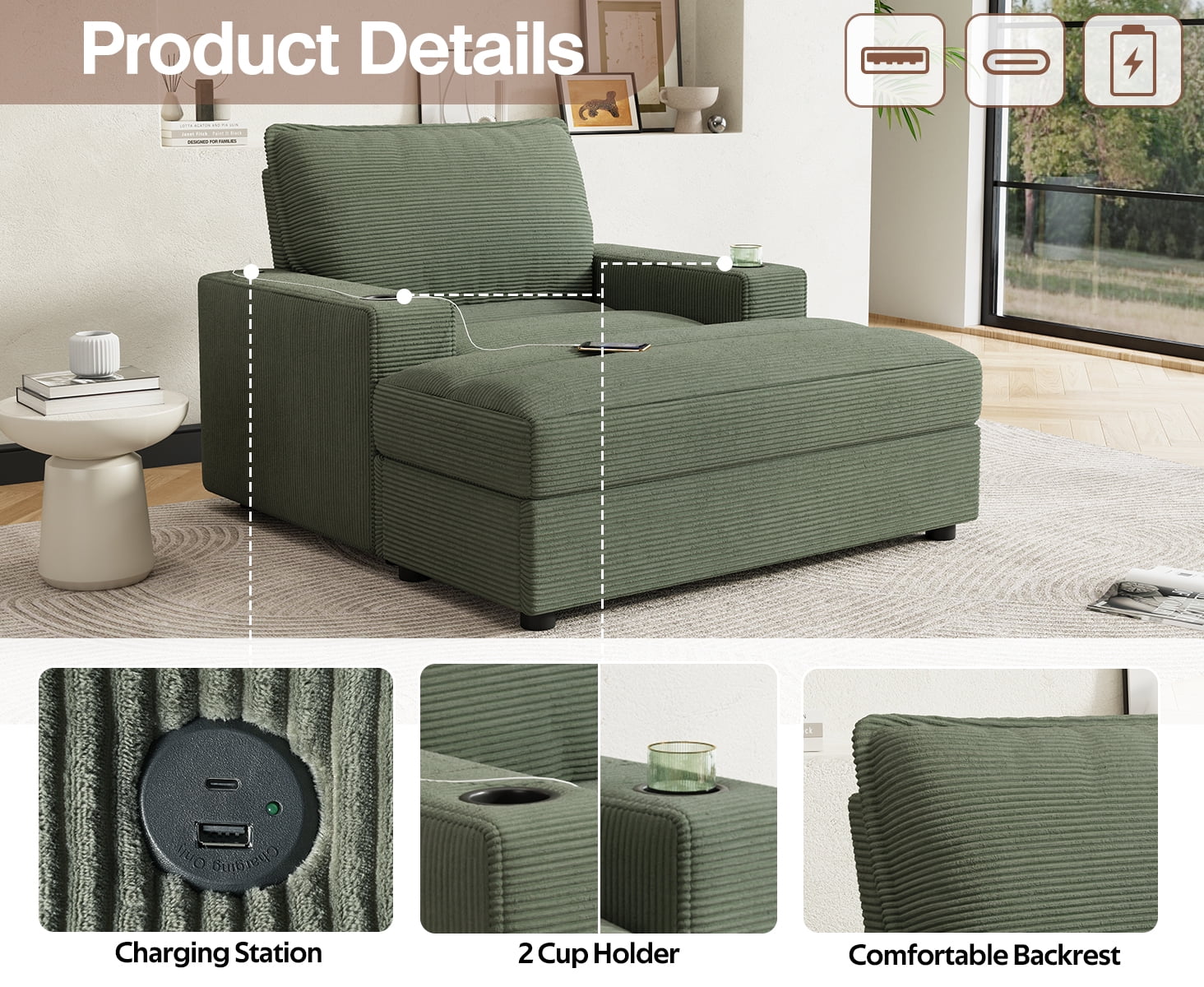 Chaise Lounge Chair, Oversized Sofa Bed with Storage Ottoman and Built-in USB Charging Port, Corduroy Upholstered Sleeper with Dual Cup Holders and Deep Seat, Reading Couch, Green