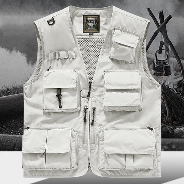 Ceisia Men's Loose Fit Outdoor Utility Vest Multi-Pocket Breathable Mesh Lining V-Neck Fishing Hiking Volunteer Waistcoat Gifts White 1X