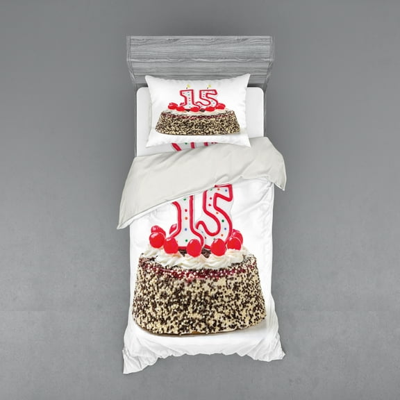 Ambesonne Birthday Bedding Set 3 Pcs, Cherry Cake Candles, Twin XL, Multicolor