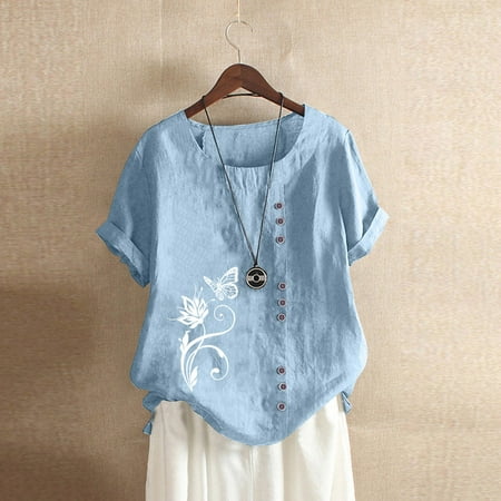 

SHUDAGENG Womens Tops Round Neckline Floral Short Sleeve Chemise Blue XL