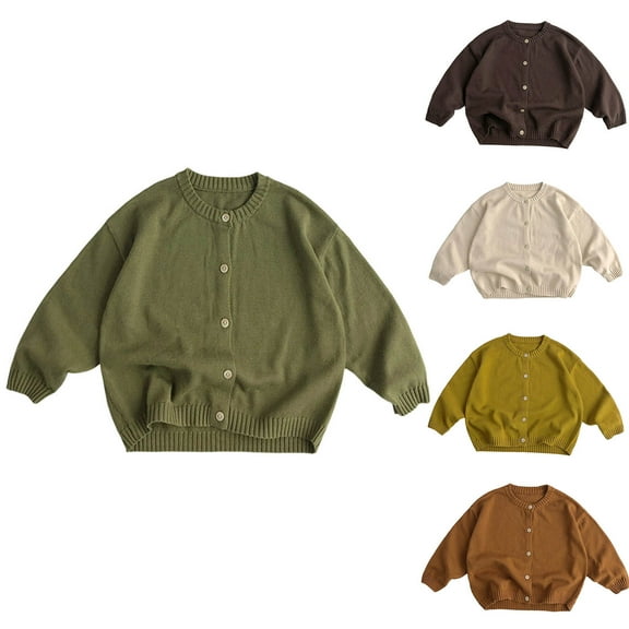 AINIYS Kids Girls Knit Cardigans Long Sleeve Crewneck Cardigan Sweater Little Girl Solid Soft Button Up Coat Beige 5 Years