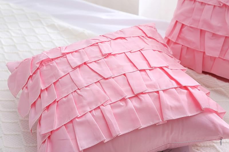 Bright Pink Throw Pillow Covers with Waterfall Ruffles 5 Lays Square Cushion Cases Egypt Cotton 18"X18" 2-Pack