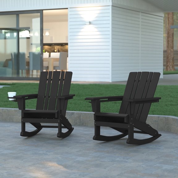Emma Oliver Set of 2 Adirondack Rocking Chairs with Cup Holders, Weather Resistant HDPE Adirondack Rocking Chairs in Black
