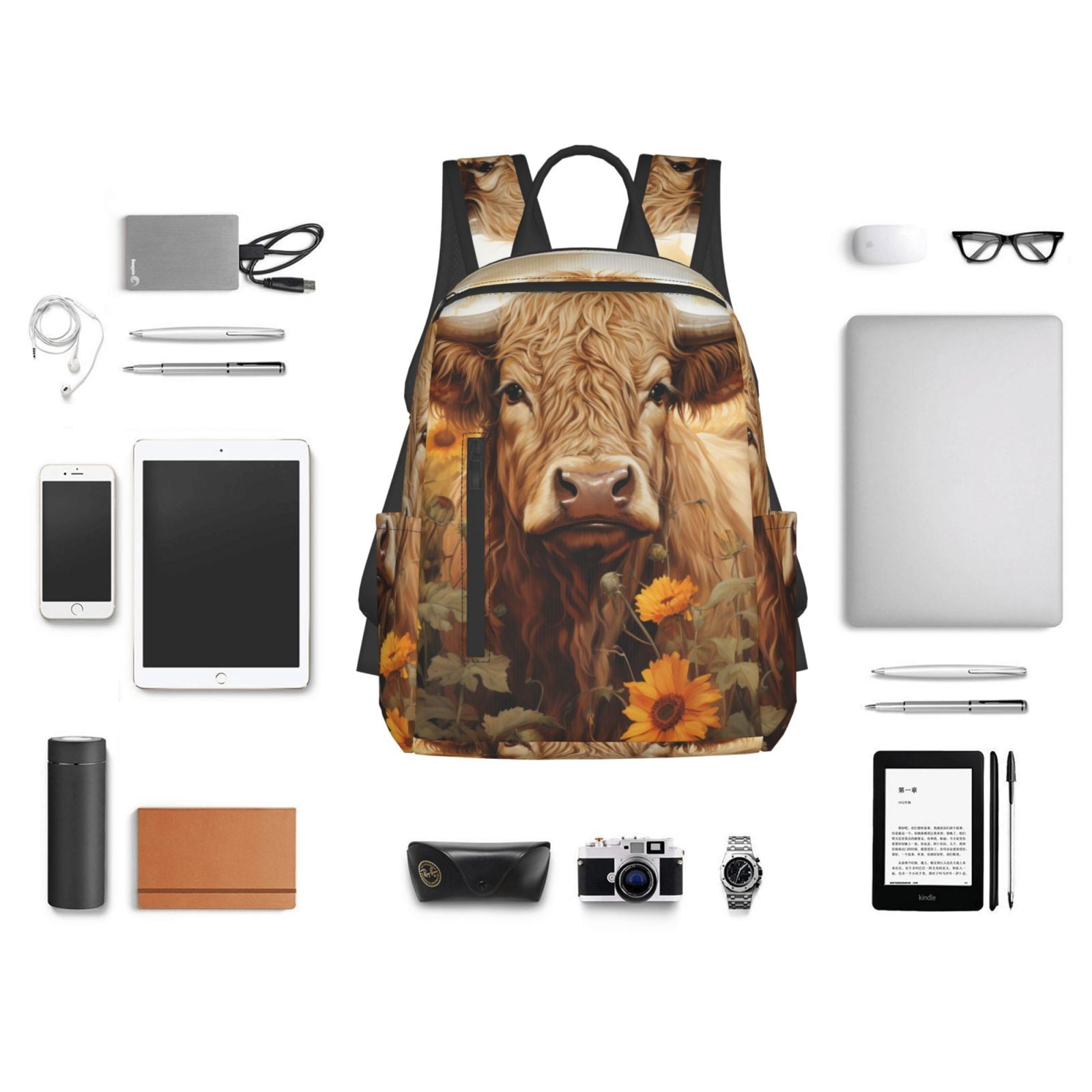 Xecao Vintage Sunflower Cow print Backpack For women men Aesthetic Lightweight Travel Daypack Simple Cute Backpack For Bookbag