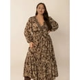 thumbnail image 6 of Women's Plus Size Printed V Neck Balloon Sleeve Maxi Dress with Ruched Sheer Overlay 100% Polyester Fabric for Everyday, 6 of 9