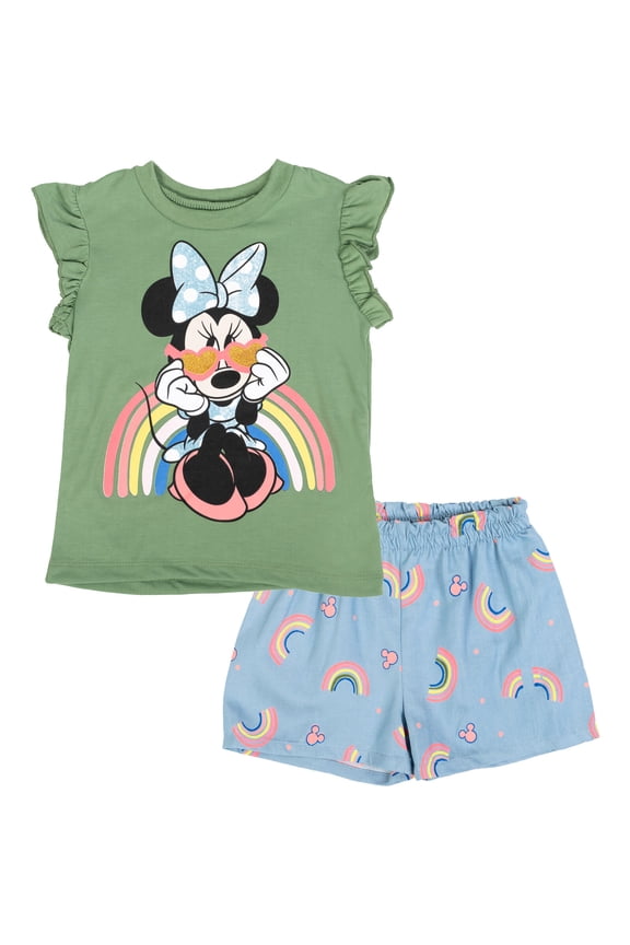 Minnie Mouse Toddler Girls' 2-Piece Top and Shorts Set Green Rainbow Minnie