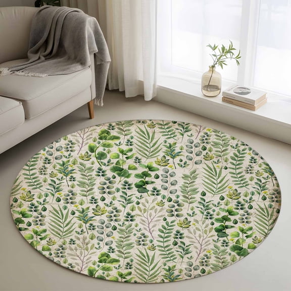 Round Area Rugs Collection 3.3 Ft, Green Leaves Non-Slip Residential Carpet, Elegant Pastoral Summer Botanical Vintage Indoor Crawling Mats Doormat Runner Rugs Play Mat for Bedroom