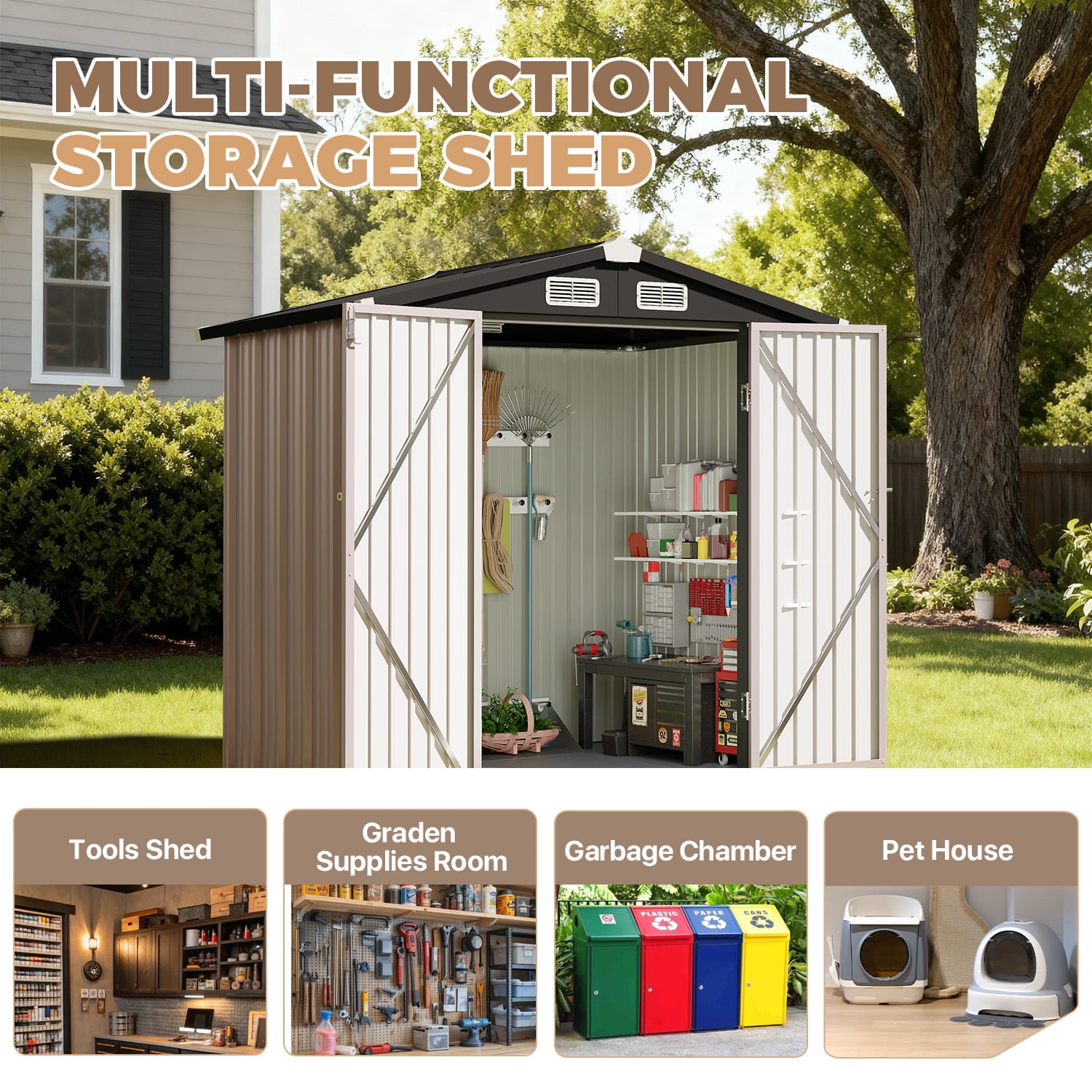 BaPiPro 6x4FT Brown Metal Storage Shed with Solid Floor, Gable Roof & Double Doors