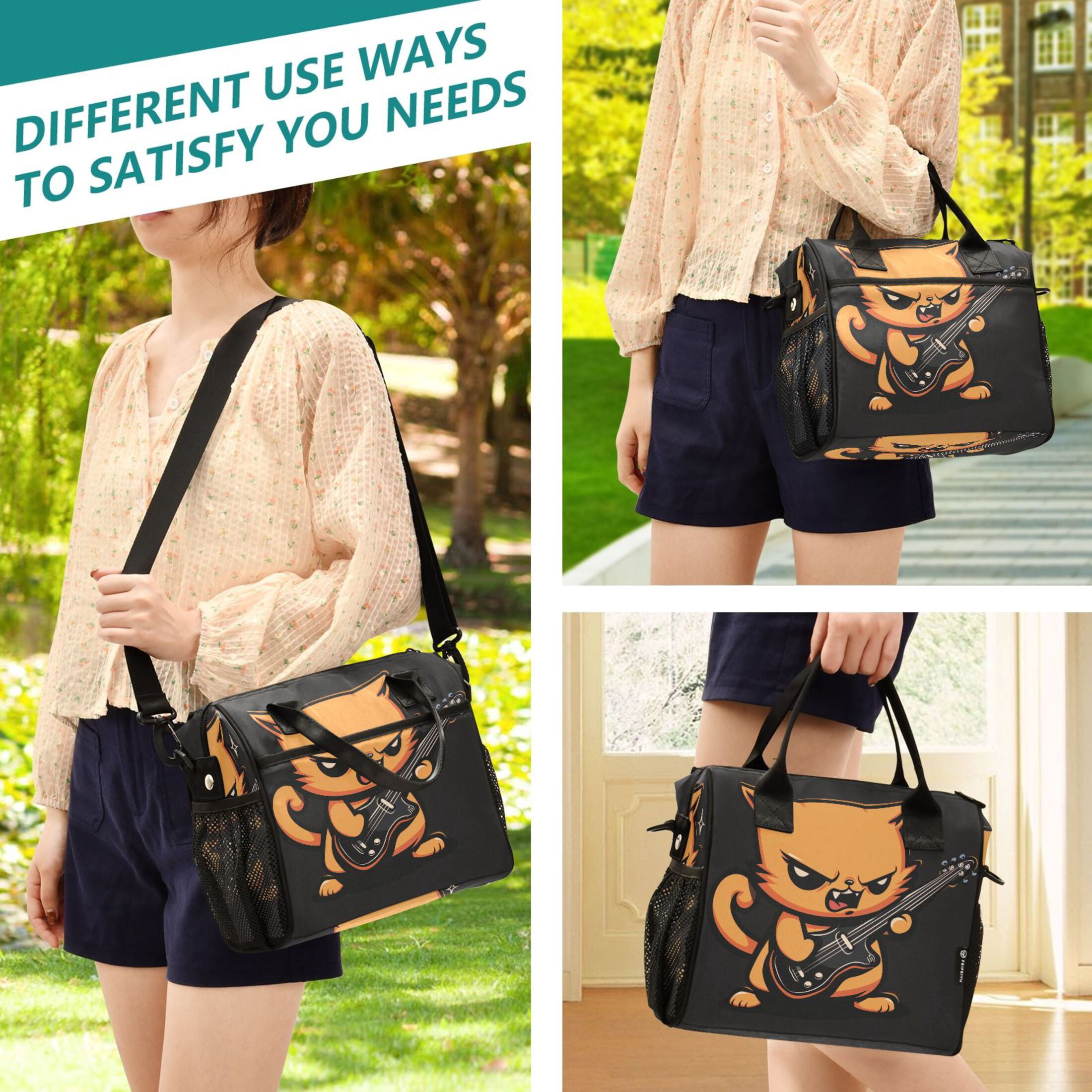 Lunch Bag Insulated Lunch Box Leakproof Reusable Cooler Tote Adjustable Shoulder Strap for Men Women Angry Cat Playing Guitar 9L
