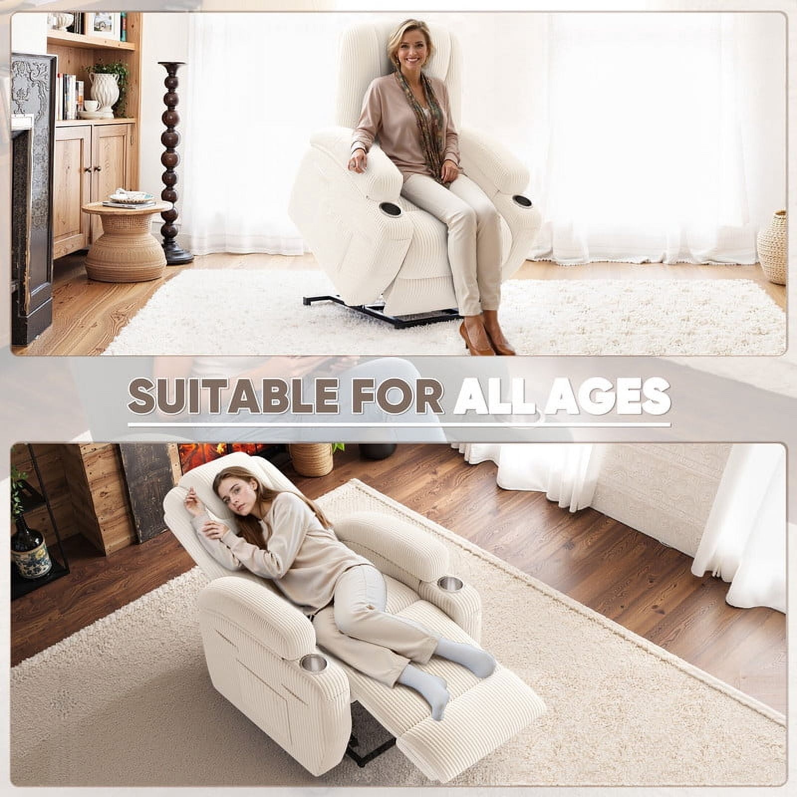 Homall Power Lift Recliner Chair with Massage for Living Room Recliner Chair for Elderly with Infinite Position Side Pocket and Saucer,Corduroy Beige