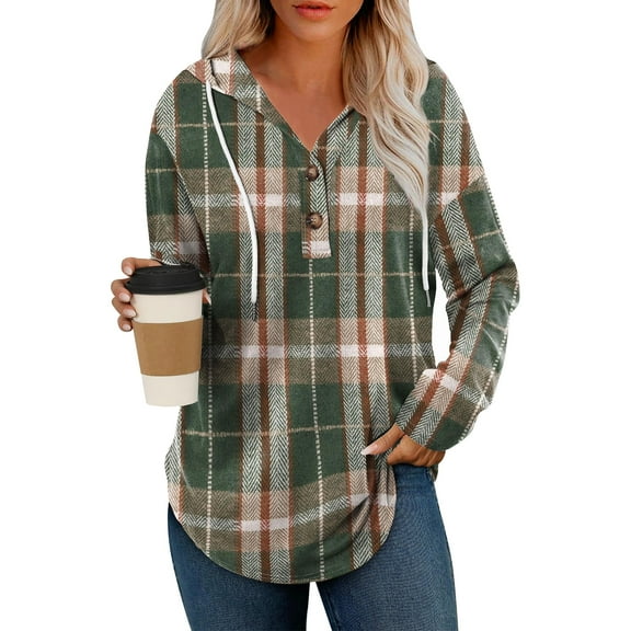 WTOBBY Women's Fashion Lightweight Long Sleeve Pullover with Pockets Preppy Graphic Hoodie, Retro Button Plaid Design for Casual Wear, Comfortable and Stylish for Daily Use,Dark Green L