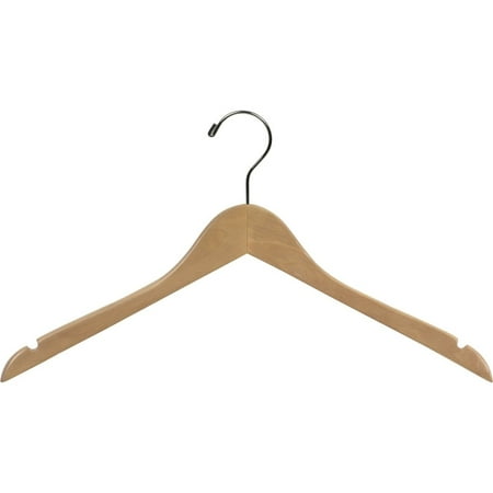 Wood Top Hanger, Box of 100 Space Saving 17 Inch Flat Wooden Hangers w/ Natural Finish & Chrome Swivel Hook & Notches for Shirt Jacket or Dress by International