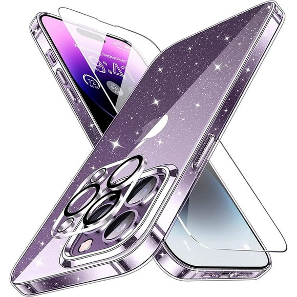 HTOOO for iPhone 14 Pro Max Case with 2X Tempered Screen Protector+2X Camera Lens Protector, [10 FT Military Drop Protection] [Never Yellow] Clear Glitter Cute Phone Case Cover for Women, 6.7 Inch