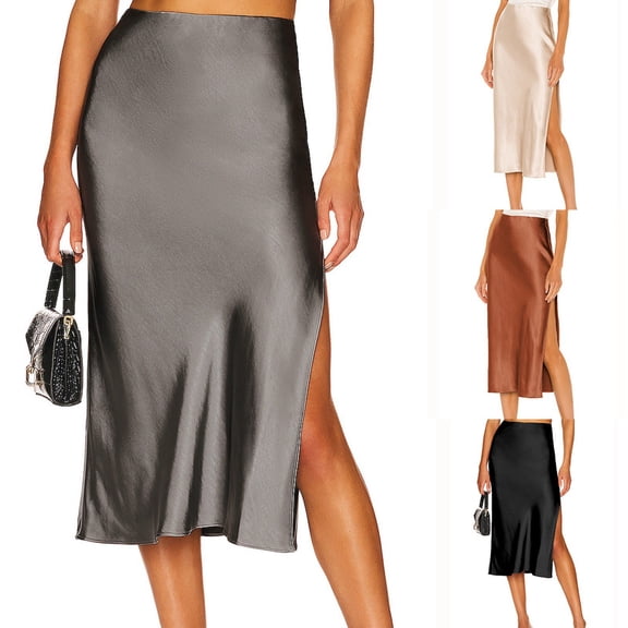Hpapadks Skirts for Women Trendy Satin Elastic High Waist Solid Color Slit Midi Skirt Beige L