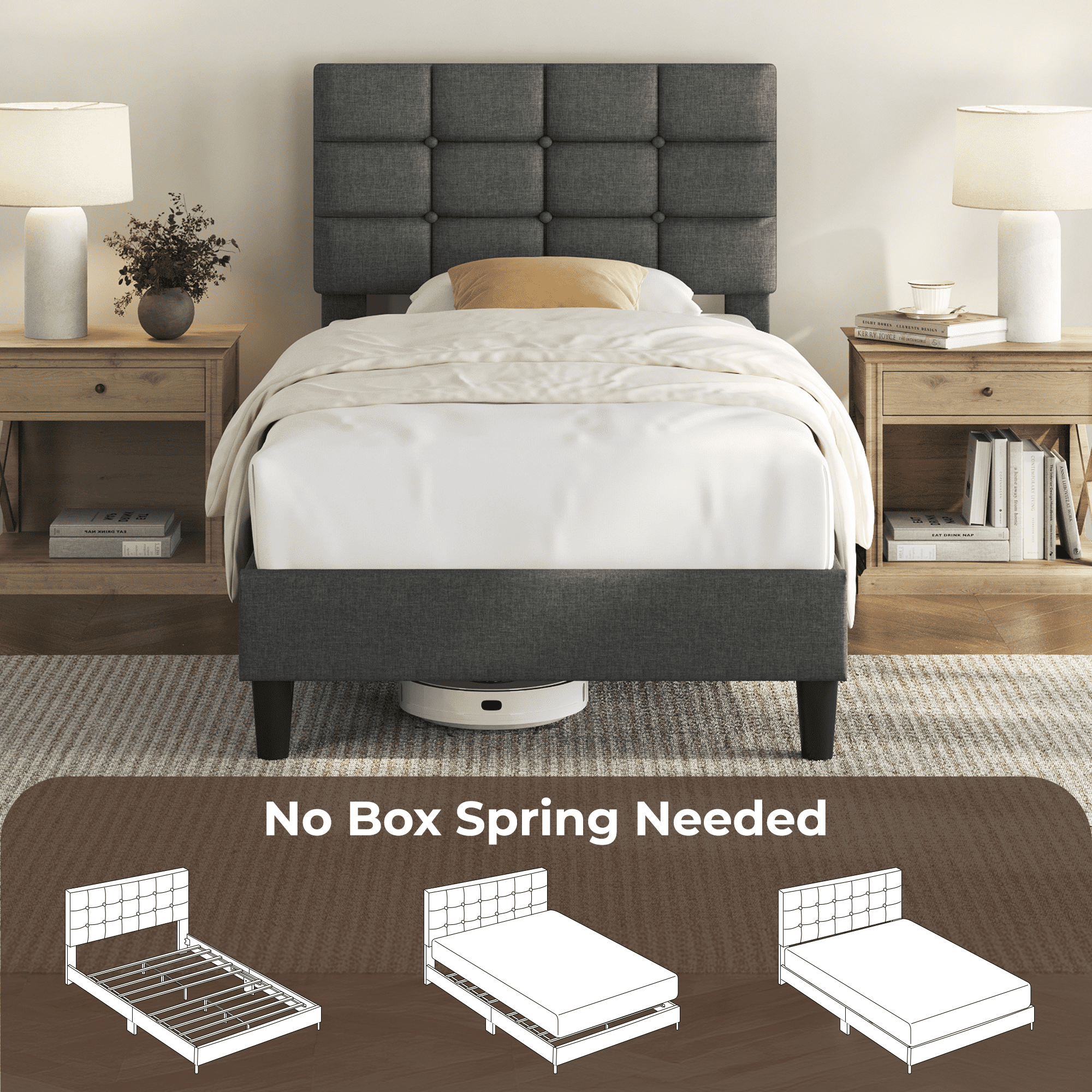 Renwick Twin Upholstered Bed Frame with Square Tufted Headboard, Dark Gray