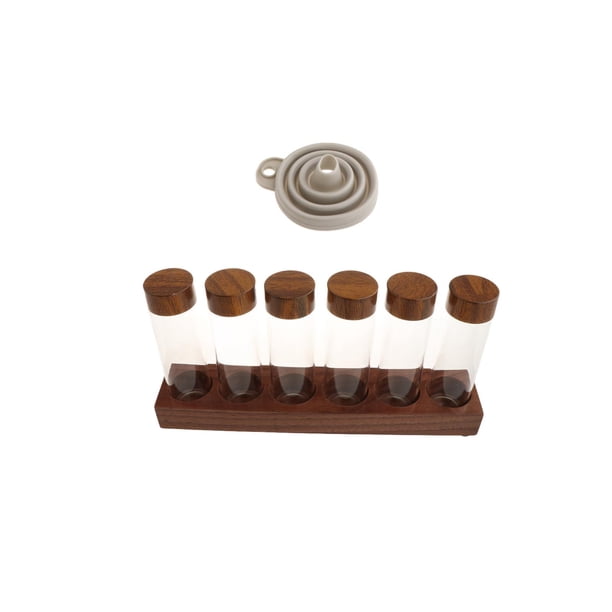 Tubos de vidrio para almacenar café con soporte de nogal para cafeterías, cocinas, despensas y comercios minoristas. Base de 6 agujeros.