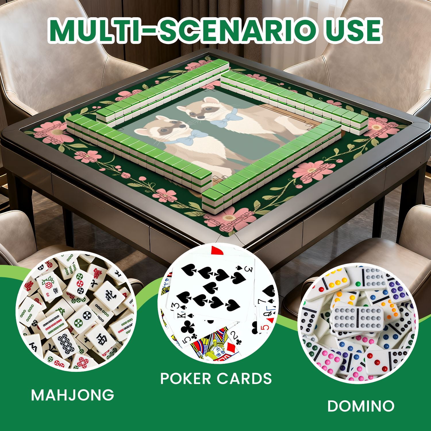 Mahjong Mat 31.5" x 31.5" Two Ferrets Blue Bows Surrounded by Pink Flowers Green Non-Slip Noise Reduction American Mahjong Tiles Table Cover for Dominoes Poker Card Board Games Gift