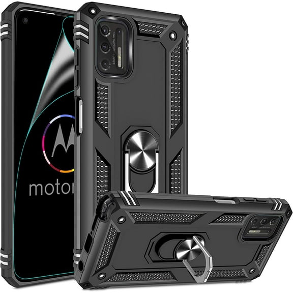 Compatible for Moto G Stylus 2021 Case with HD Screen Protector, [Military-Grade] Magnetic Ring Holder Kickstand Shockproof Protective Phone Case for Motorola Moto G Stylus 2021, Black