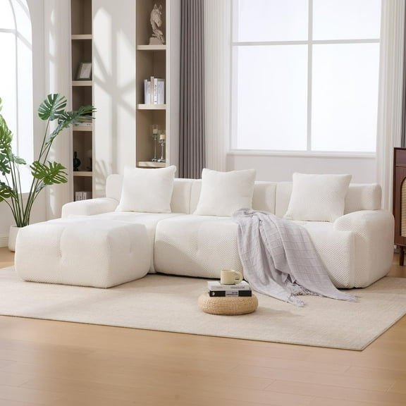 L-Shaped Sleeper Modular Sectional Sofa Bed Chaise, Boneless Convertible Block Cloud Tufted Floor Corner Couch Set with for Living Room No Assembly Required,Beige
