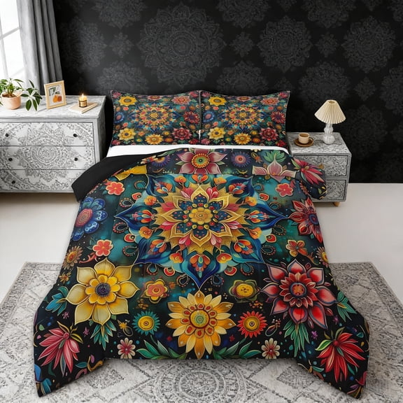 Erosebridal Vintage Mandala Queen Comforter Set, Tropical Flowers Bedding Comforter Set, Black Reversible 3 Pieces, 1 Comforter and 2 Pillowcases