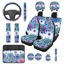 KUIFORTI Boho Flowers Auto Seat Covers Full Set 14 Pack with Car Steering Wheel Cover Auto Center Console Armrest Pad Car Seat Belt Pad Cover Cars Headrest Covers for Cars