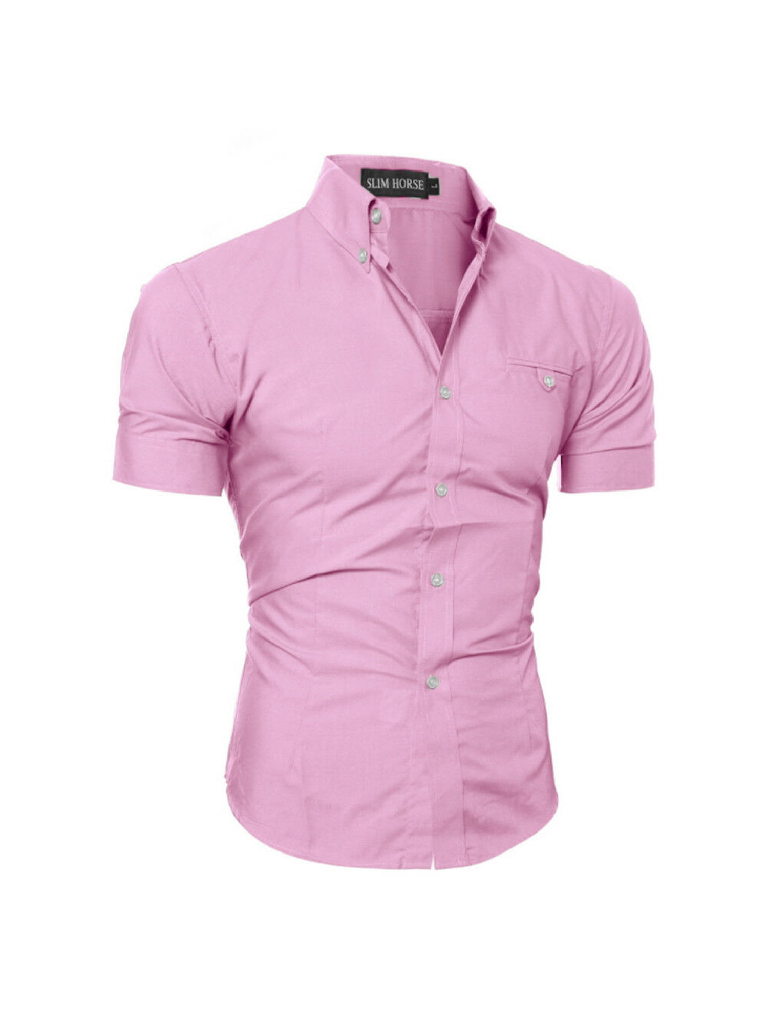 Mens Solid Color Summer Short Sleeve Stylish Slim Button Down Dress Shirts