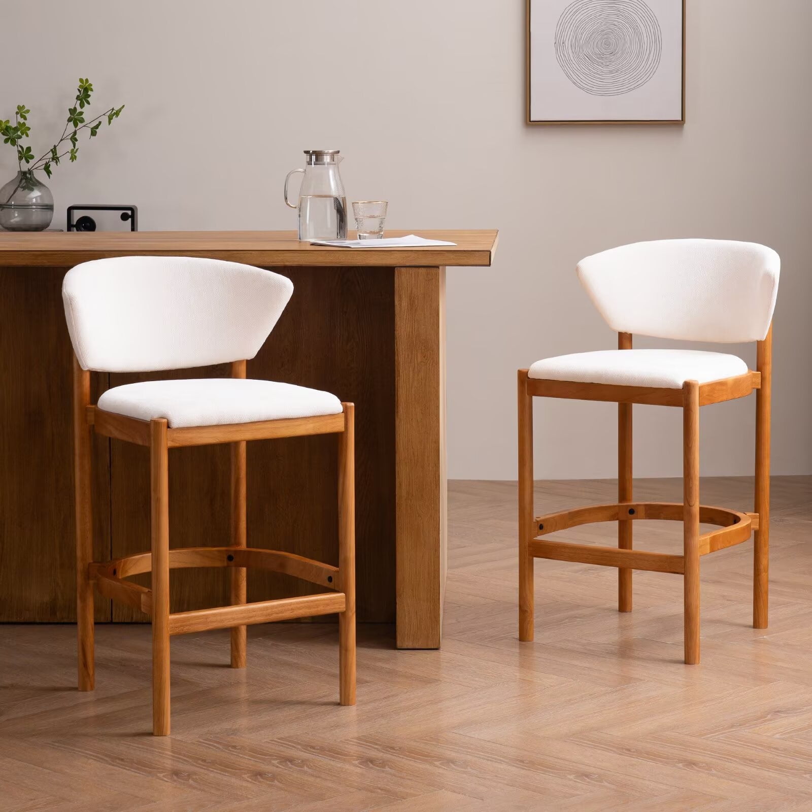 Set Of 2 Mid-Century Modern Bar Stools – Upholstered Wood Counter-Height Stools With Cushion & Backrest, Walnut - View #3