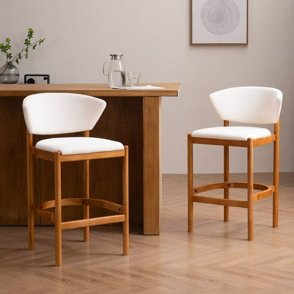 EYYTHUNG Upholstered Wood Bar Stools Set of 2, 26" Counter Height Bar Chairs Modern Boucle Barstools, Dark Oak/White