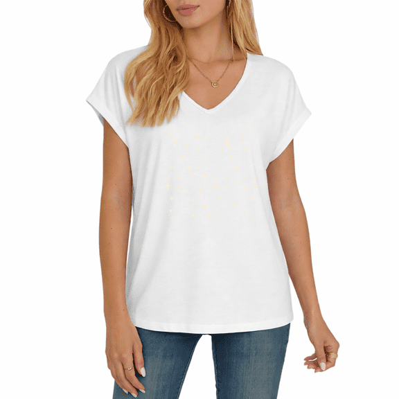 Cozymy Women's Minimalist Celestial Crescent Moon Star Sky Graphic V-Neck Soft Casual Short Sleeve Everyday T-Shirt Top