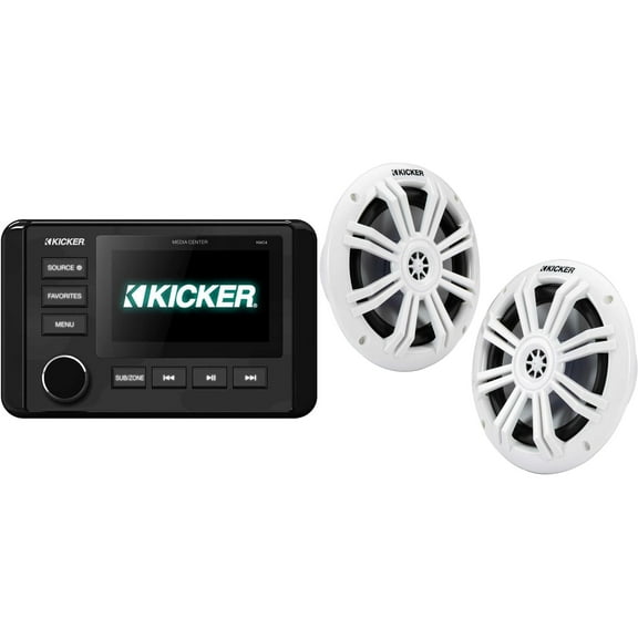 Kicker 46KMC4 Marine Gauge-Style Source & 49KM604W 6.5" White Marine Speakers bundle
