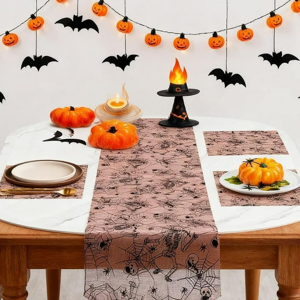 de Mesa Halloween en Malla con Bordado Clásico Mantel Artesanal Decorativo Otoño Cubierta Ligera para Comedor Y Living Adecuado para Fiestas Ho Cráneo